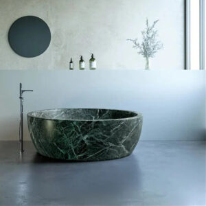 Dream Home Deep Round Vessel Marble Bathtub Full Circular Profile Continuous Green Streak Vein Modern Luxury Bath Fixture