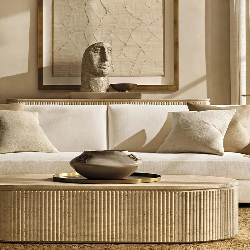 Dream Home Travertine Marble Side Table Fluted Cylinder Form Round Top Wabi Sabi Living Room Accent Table - Image 2