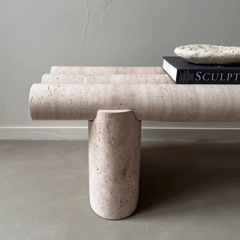 Dream Home Premium Stacked Cylinder Marble Coffee Table Hand Carved Travertine Neutral Tone Lounge Table - Image 3