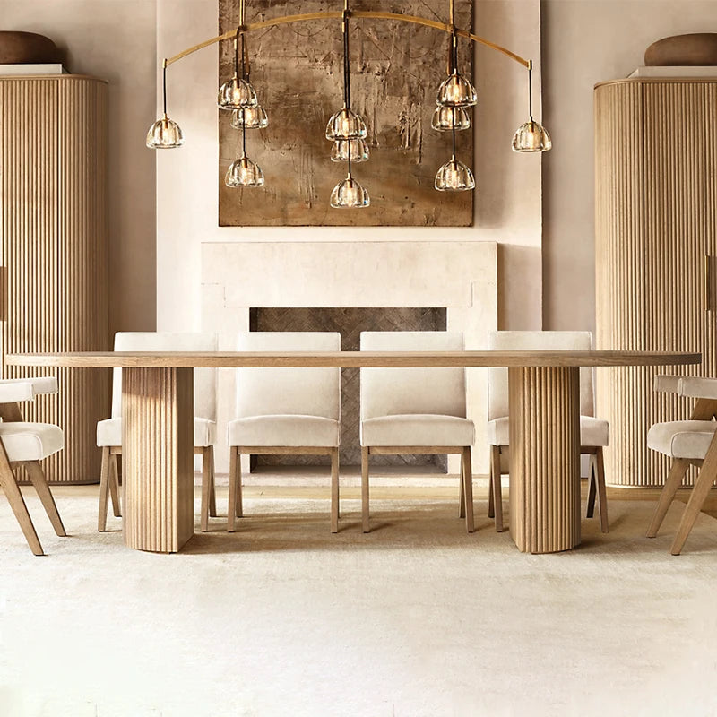 Dream Home Mid Century Oak Dining Table Vertical Fluted Pillar Base Minimalist Oval Tabletop Rustic Home Large Dining Table - Image 4