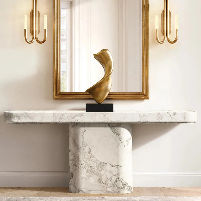 Single Cylinder Pedestal Travertine Marble Console Table Rounded Edge Long Top Wabi Sabi Entryway Stone Accent Console Furniture - Image 3