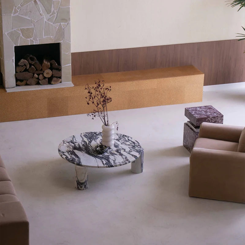 Modern Luxury Calacatta Viola Coffee Table Round Marble Top Three Cylinder Legs Modern Living Room Center Table - Image 4