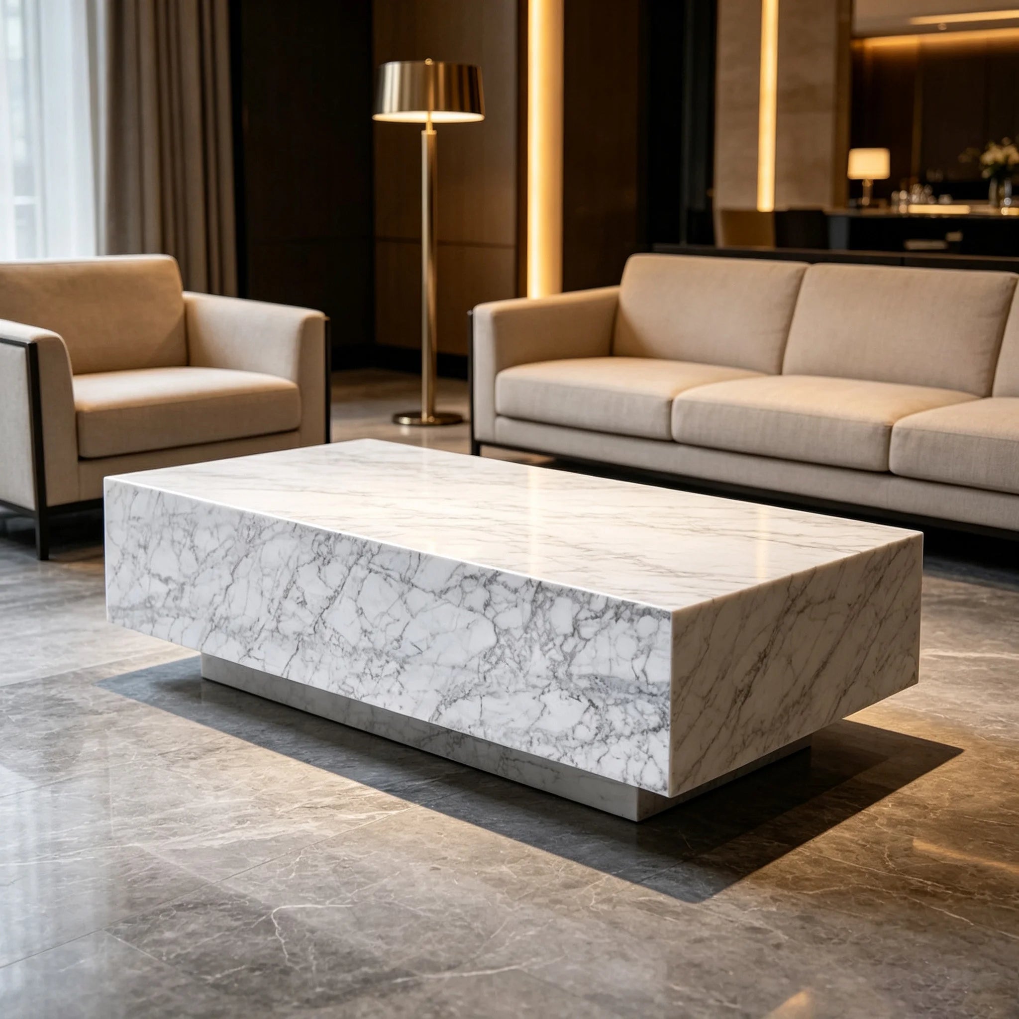 Stunning Solid Block Marble Coffee Table Thick Cuboid Double Layer Base Arabescato White Vein Living Room Center Table - Image 5