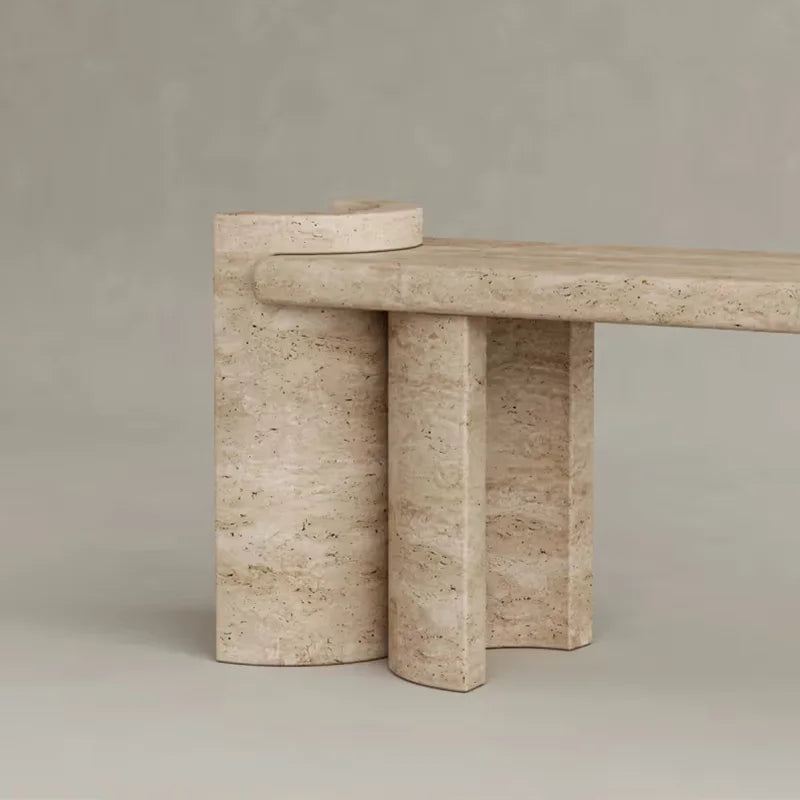 Dream Home Eye Grabbing Stacked Cuff Marble Coffee Table Four Curved Cylinder Travertine Base Long Rectangular Lounge Table - Image 4