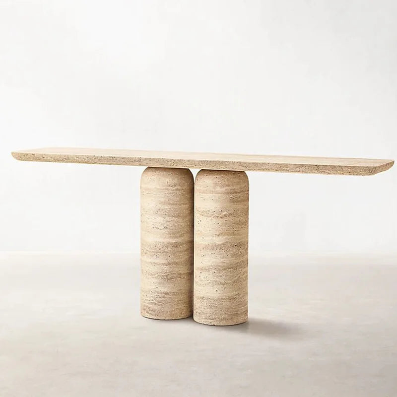 Striking Twin Cylinder Console Table Elongated Rounded Edge Slab Double Short Round Pillar Travertine Marble Entry Table - Image 4