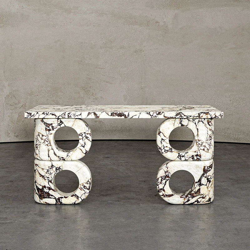 Dream Home Unique Veined Marble Console Table Dual Stack Hollow Round Cutout Block Leg Minimalist Sculpture Entrance Table - Image 3