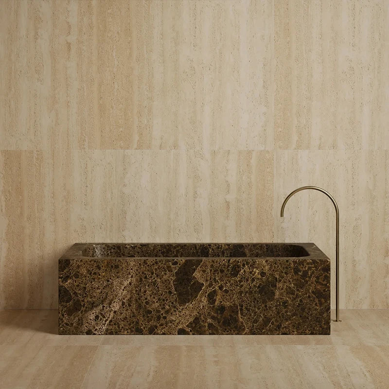 Thick Solid Cube Profile Freestanding Tub One Piece Natural Travertine Marble Multi Stone Grain Villa Master Bathroom Bathtub - Image 3