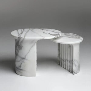Viral Pleated Detail Nesting Marble Coffee Table Aesthetic Curved Oval Shape Arabescato Stone Wabi Sabi Living Room Decor Table