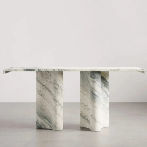 Green Vein Marble Console Table Rectangular Floating Overhang Top Wavy Sculpted Stone Leg Entryway Console Desk Dream Home