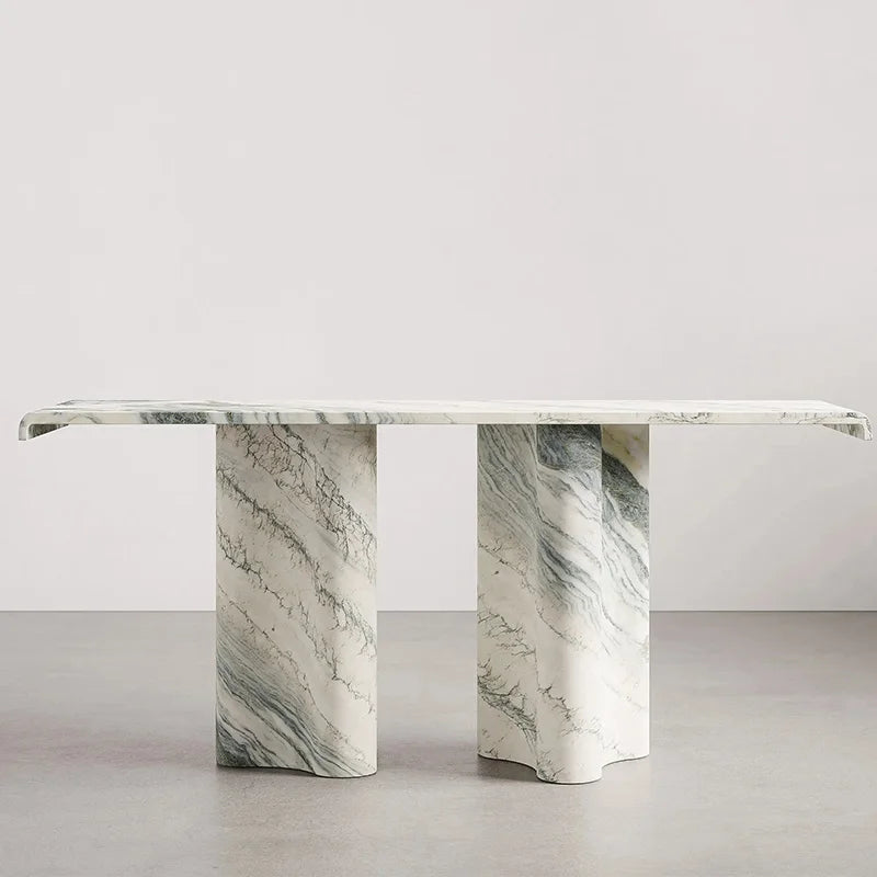 Green Vein Marble Console Table Rectangular Floating Overhang Top Wavy Sculpted Stone Leg Entryway Console Desk Dream Home
