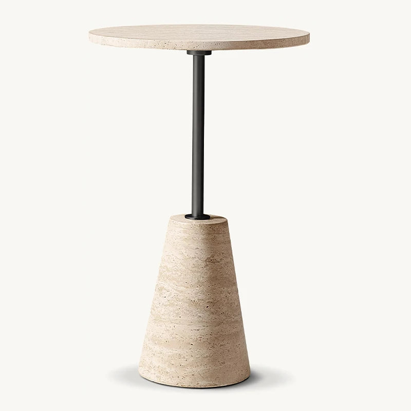 Dream Home Travertine Side Table Conical Base Metal Stem Round Top Wabi Sabi Living Room Accent Furniture