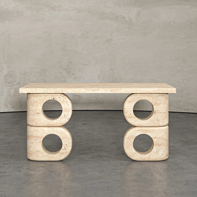 Dream Home Unique Veined Marble Console Table Dual Stack Hollow Round Cutout Block Leg Minimalist Sculpture Entrance Table - Image 7