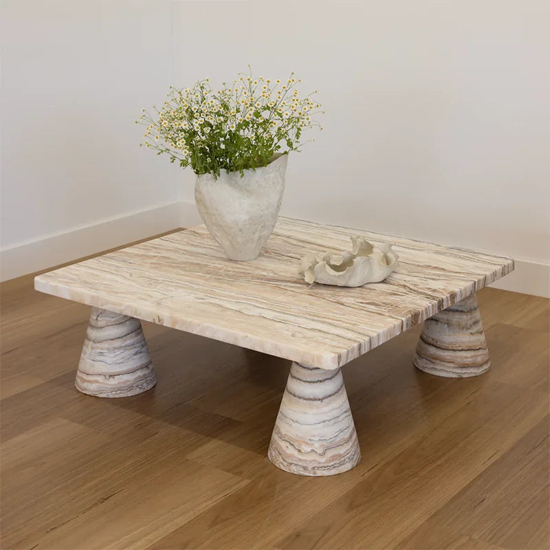 Dream Home Unique Four Slanted Taper Support Marble Tea Table Smooth Rectangle Top Porous Travertine Interior Decor Table - Image 3