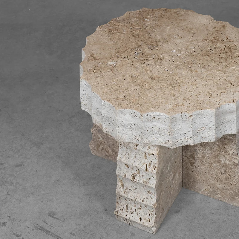 Dream Home Travertine Side Table Scalloped Zigzag Edge Round Top Stepped Carved Base Wabi Sabi Living Room Accent Table - Image 3