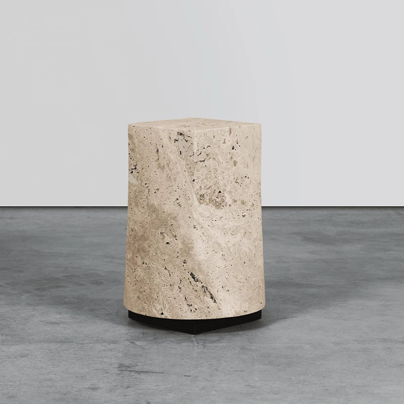 Dream Home Travertine Side Table Hourglass Tapered Hexagonal Sculptural Form Wabi Sabi Living Room Accent Table