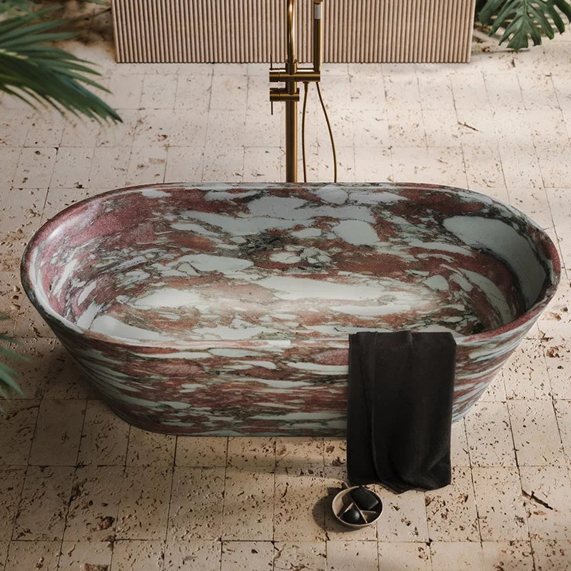 Rosy Breccia Marble Freestanding Bathtub Elongated Ellipse With Flared Rim Natural Pink White Fragment Vein Solid Stone Spa Tub - Image 3
