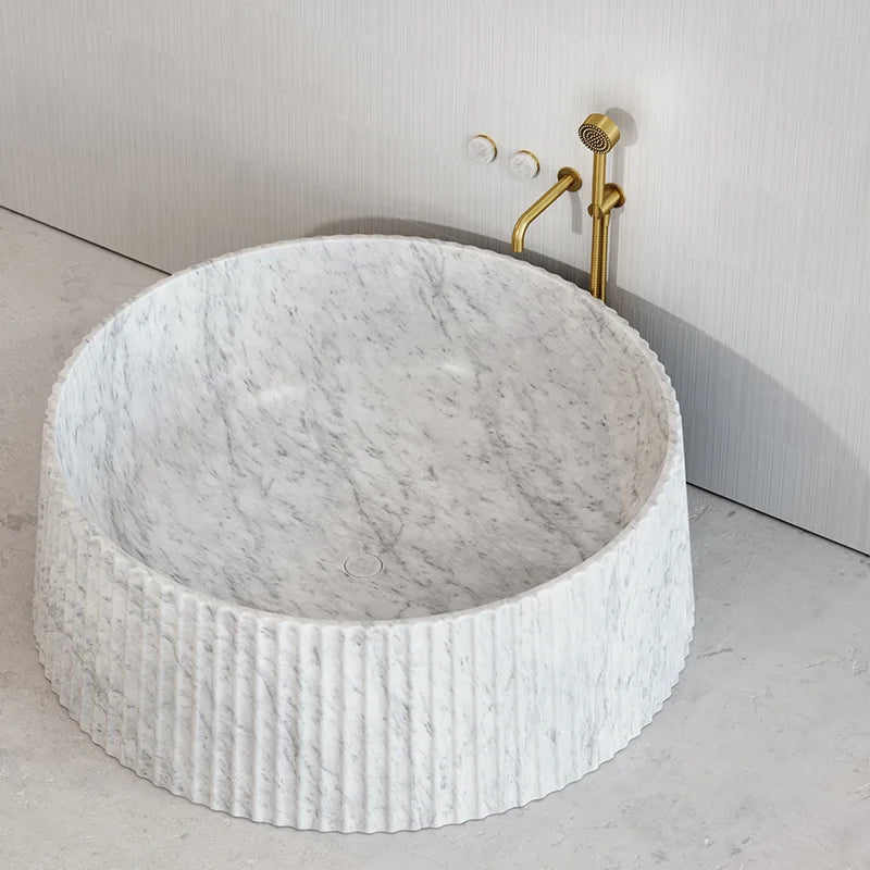 Dream Home Carrara Marble Freestanding Bathtub Full Round Cylinder Vertical Reed Fluted Textured Outer Wall Spa Bath Tub - Image 2